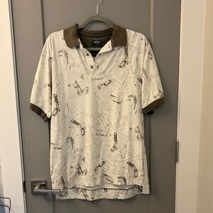 Men's White Patterned Polo Shirt with Olive Trim - Fun Vintage Shirt